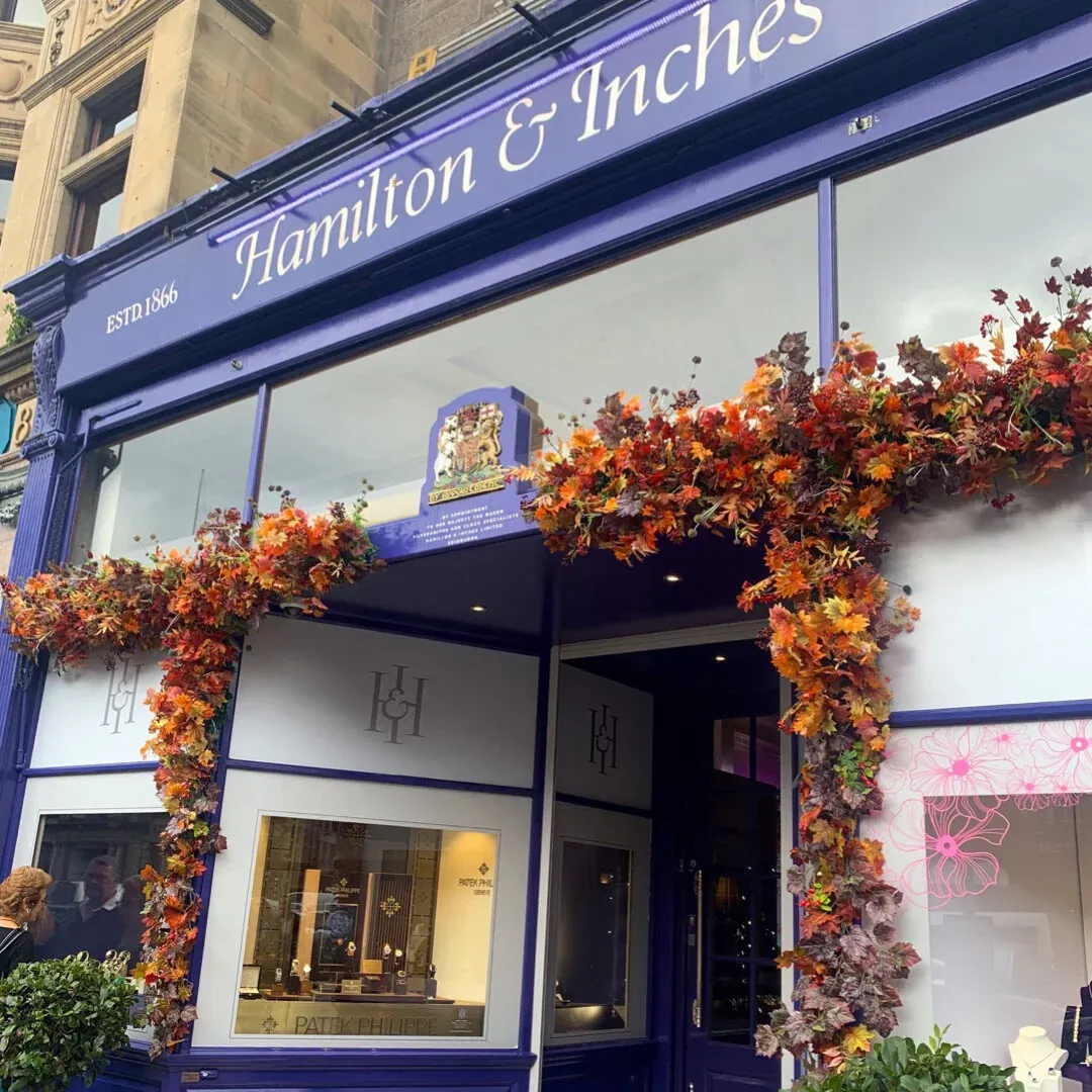 Copper and orange autumn leaves over the Hamilton & Inches windows