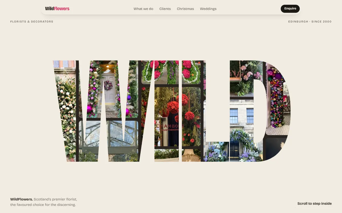 The Bring it alive concept: the word WILD cut out of paper over a wall of flower photographs