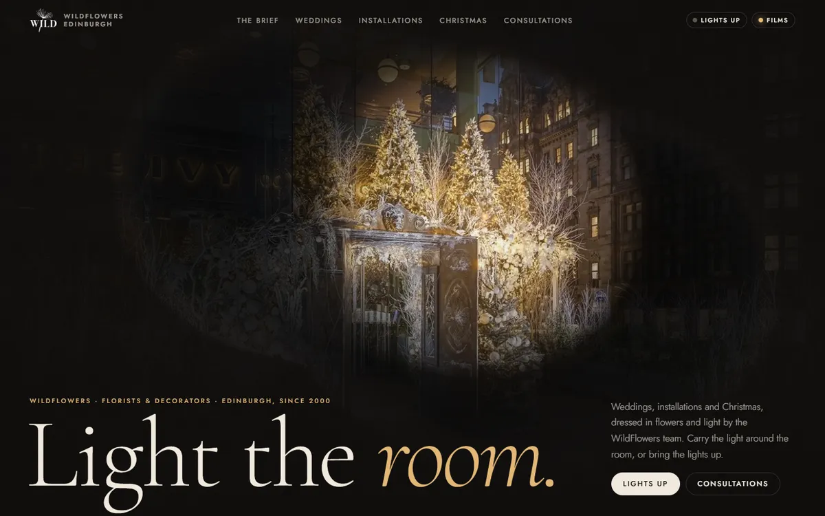 The Light the room concept: a dark page lit by a warm pool of light showing The Ivy's Christmas terrace