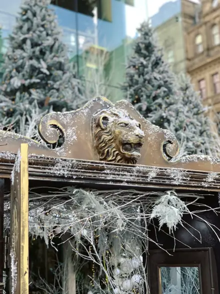 Frosted white branches above a carved lion over a shopfront